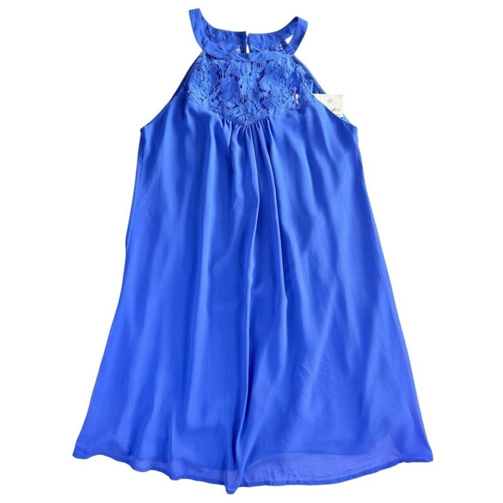 Vanberfia Halter Mini Dress Women M‎ Blue Lace Trim Pleated Flowy Sleeveless